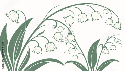 Elegant green and white Lily of the Valley floral vector illustration. Stylized spring flowers with bell-shaped blooms and leaves, perfect for decorative design art.
