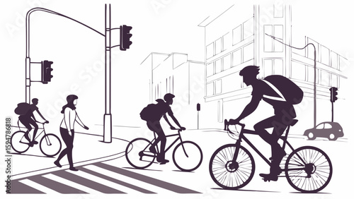 Silhouetted urban cyclists and pedestrians cross a city intersection with traffic lights. Monochrome line art illustration of active, sustainable city commuting.