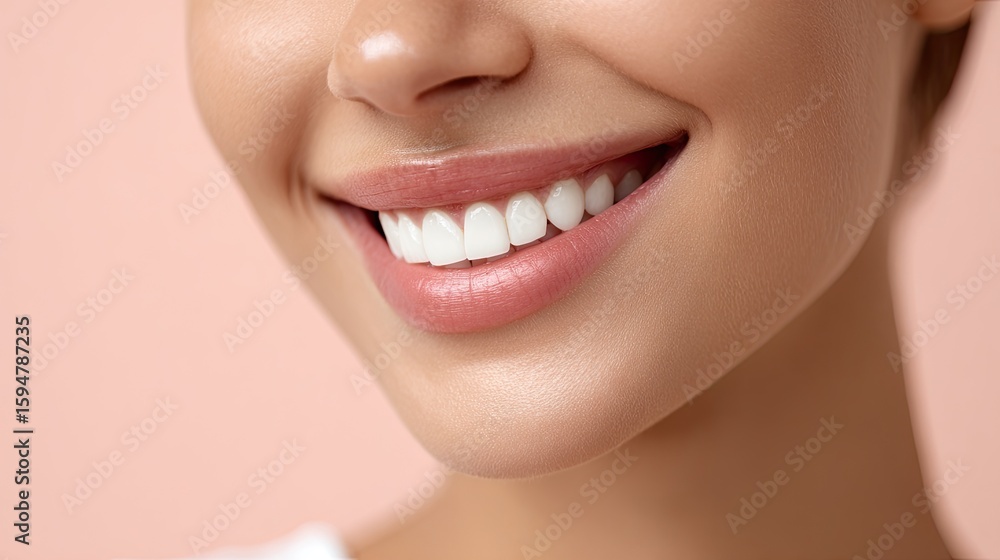 Obraz premium Close-Up Image of a Young Woman's Beautiful Smile Highlighting Healthy Teeth and Radiant Skin Against a Soft Pink Background