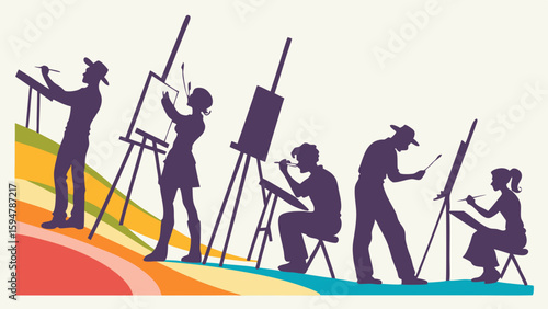 Diverse Artists Painting Silhouettes at Easels on a Vibrant Rainbow Gradient Background Art Class Creative Workshop Skill Development Artistic Expression Vector Illustration