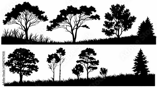 High-quality black tree silhouettes nature landscape border vector set with diverse forest plants grass and bushes for design