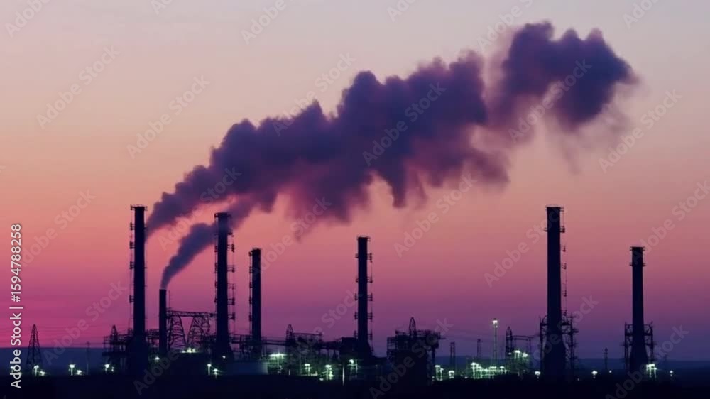 The smoke and steam emissions are painted a sunset pink, and then gray silhouettes remain against the twilight. The smoke and steam emissions are painted a sunset pink, and then gray silhouettes remain against the twilight.