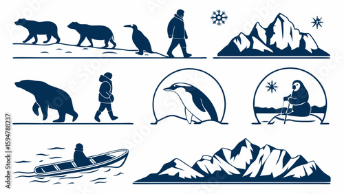 Monochrome polar region vector icons collection. Arctic wildlife like polar bears, penguins, Inuit hunters, winter mountains, and boat silhouettes.
