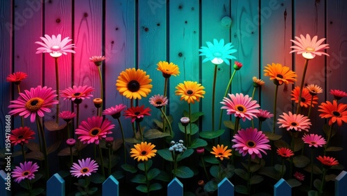 Colorful Gerberas with Pink Blue Lighting Against Wooden Fence