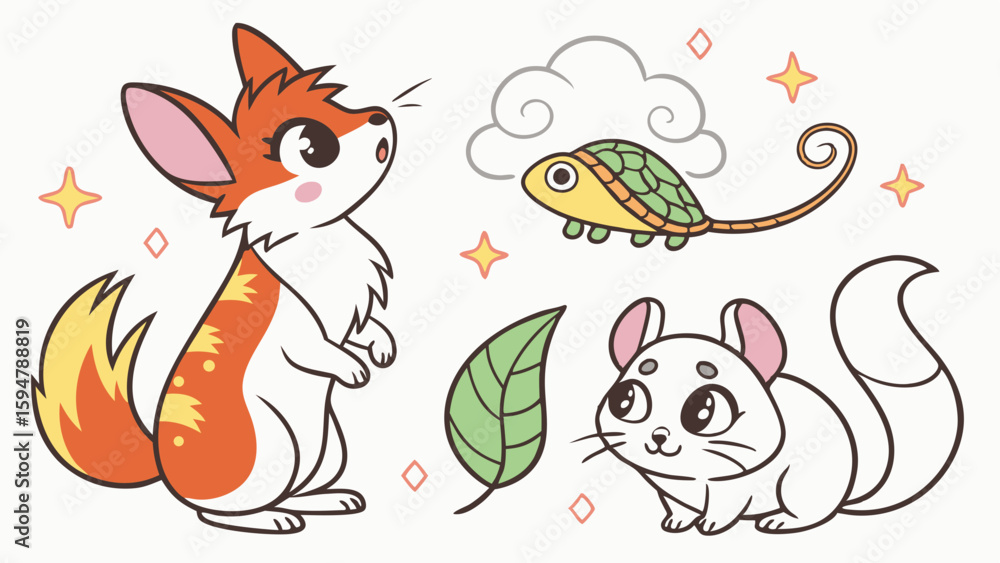 Fototapeta premium Highly detailed cute cartoon animal vector illustration featuring a whimsical red fox, adorable green turtle, and fluffy white chinchilla with nature elements.