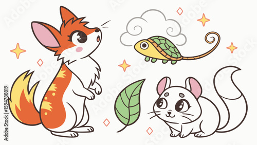 Highly detailed cute cartoon animal vector illustration featuring a whimsical red fox, adorable green turtle, and fluffy white chinchilla with nature elements.