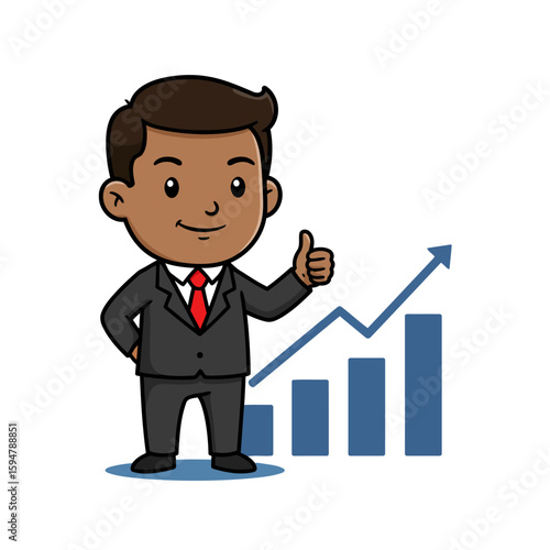 Cartoon businessman giving thumbs up next to rising chart