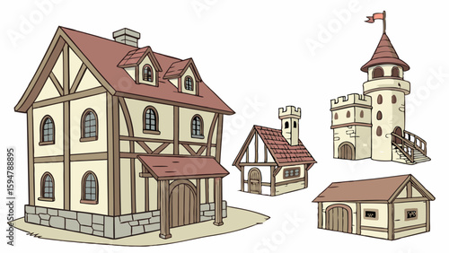 Charming cartoon medieval fantasy village buildings set. Illustrated half-timbered houses, castle tower, and rustic structures for game design or historical themes.