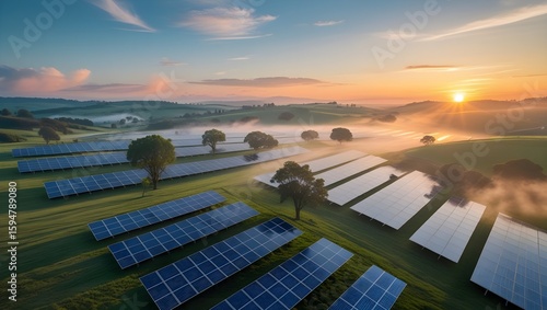 Drone view of solar panel farm in rural landscape, sunrise glow