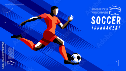 Geometric Vector of Female Soccer Player in Action , Abstract Brush Background Sports