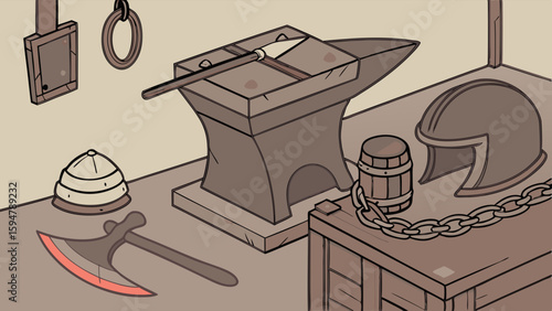 Detailed isometric cartoon illustration of a medieval blacksmith workshop with an anvil hammer axe helmets and tools for weapon forging and armor crafting in sepia tones