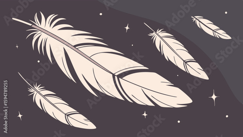 Soft, elegant cream-colored feathers gently float and drift across a dark, starry night sky in a serene vector illustration, creating a peaceful and dreamy aesthetic.