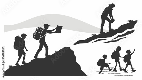 Black and white silhouettes of people hiking and trekking across mountains and trails, featuring adults with backpacks and a map, and children exploring nature outdoors.
