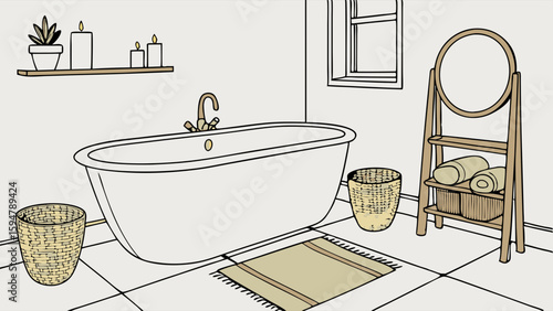 Minimalist bathroom outline drawing with freestanding tub, round mirror, woven baskets, wooden shelf, plant, and candles for a serene, natural home decor design