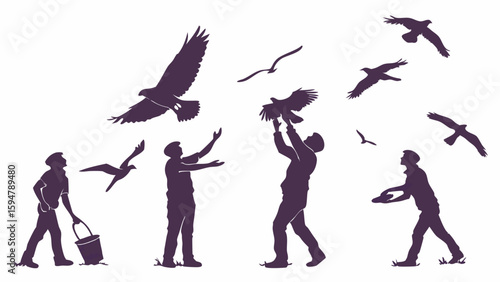 Dark purple silhouettes of men caring for and releasing various birds, including large eagles and smaller gulls, into the sky, symbolizing wildlife conservation and freedom.