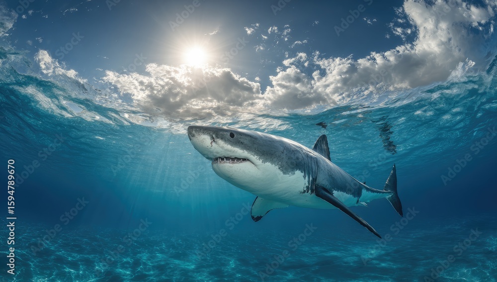 Fototapeta premium Great white shark in sunlit ocean