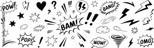 Comic Bubbles and Elements Collection Cartoon Pop Art Style, Speech, Black, White