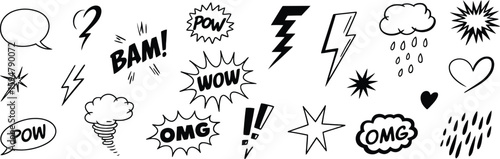 Comic elements set with speech bubbles, Bam, Wow, Pow, Omg on transparent background