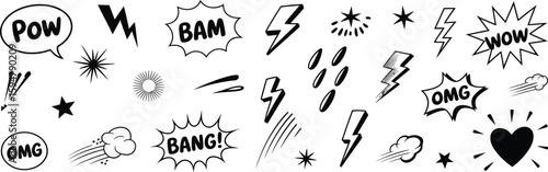 Comic Sound Effects with POW BAM BANG WOW OMG, Star and Lightning, on Transparent