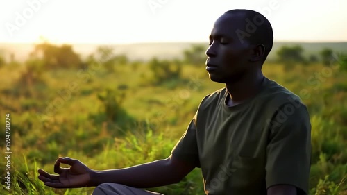 Wallpaper Mural A calm African man meditates peacefully in a lush green field during a beautiful golden hour Torontodigital.ca