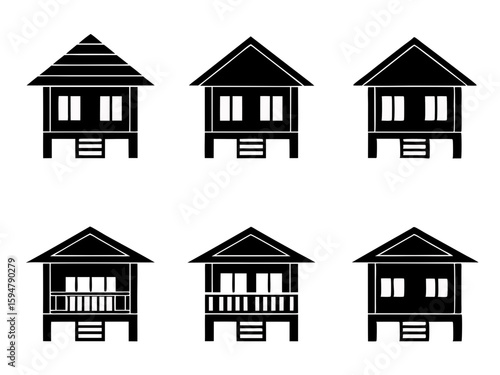 Collection of silhouetted traditional stilt houses with varied rooflines and porches