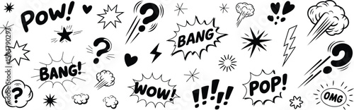 Comic Speech Bubbles and Sound Effects HandDrawn Black Silhouettes on White