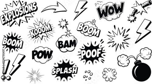 Comic Speech Bubbles with Explosions, Boom, Splashes, and Bomb. Black and White