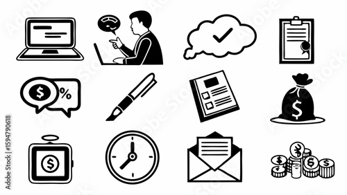 Black and White Business and Finance Icon Set. Vector Flat Design for Work, Money, Time, Planning, and Communication. Productivity Office Symbols.