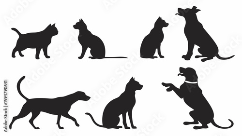 Dynamic black vector silhouettes of various domestic cats and dogs in diverse poses, a versatile collection for pet-themed designs, logos, and graphic projects.