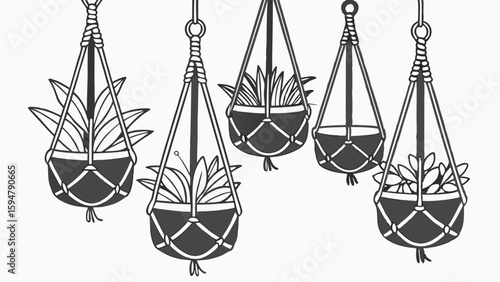 Five macrame hanging plant holders with potted indoor plants, black and white line art illustration, ideal for a bohemian home decor style.