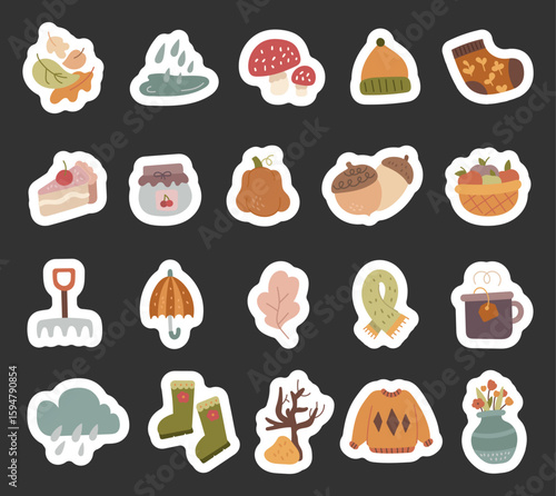 Autumn seasonal set in scandinavian style nature inspired featuring foliage, food, clothing, tools, weather symbols, plants for your illustration and creative designs projects