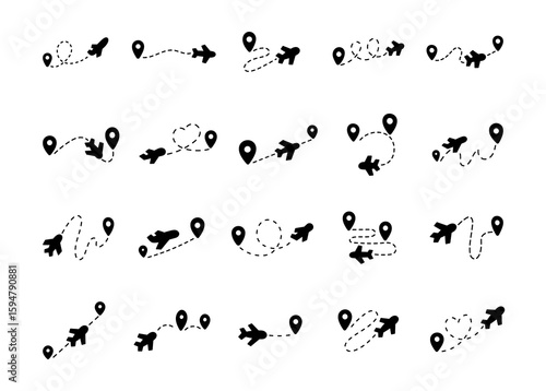 Airplane route direction set in silhouette with travel paths, dotted flight lines, location pins and aviation symbols for map navigation illustration and creative designs projects
