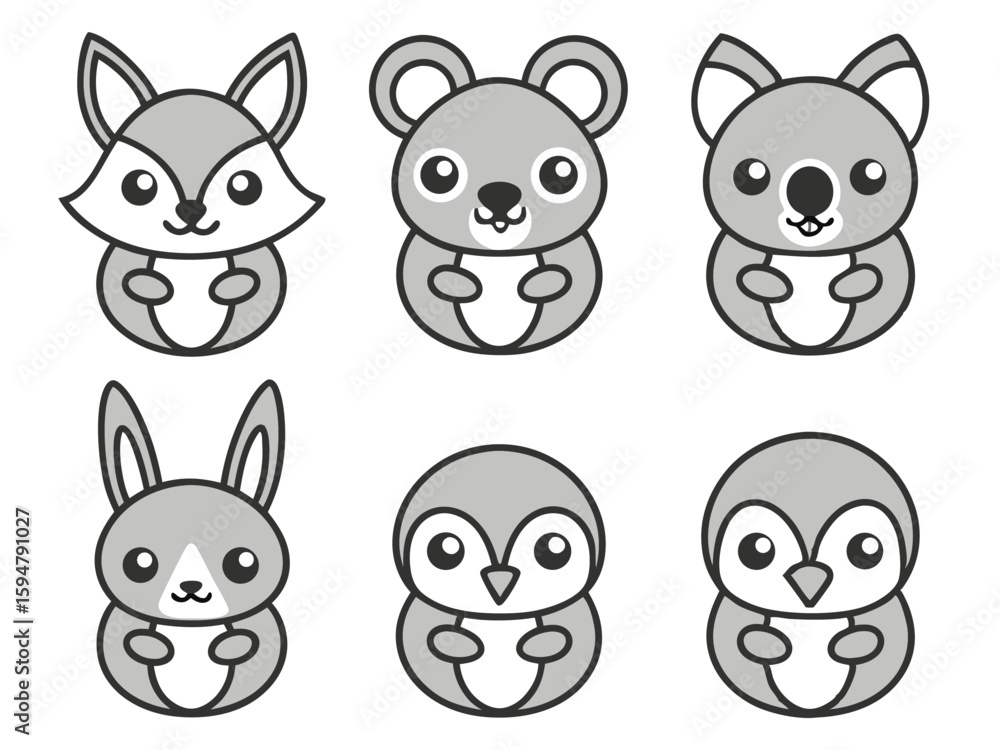 Fototapeta premium Adorable kawaii style cartoon animals fox koala rabbit and penguins