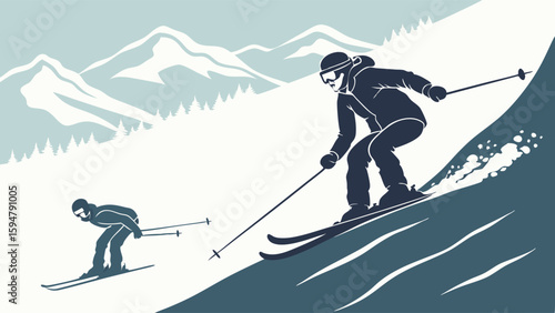 Dynamic vector illustration of two skiers descending a snowy mountain slope. Winter sport adventure graphic art with blue and white retro style.