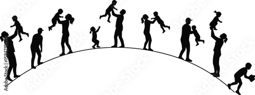 Silhouette illustration of parents lifting children on curved hill, family bonding, parenthood joy, child development concept artwork