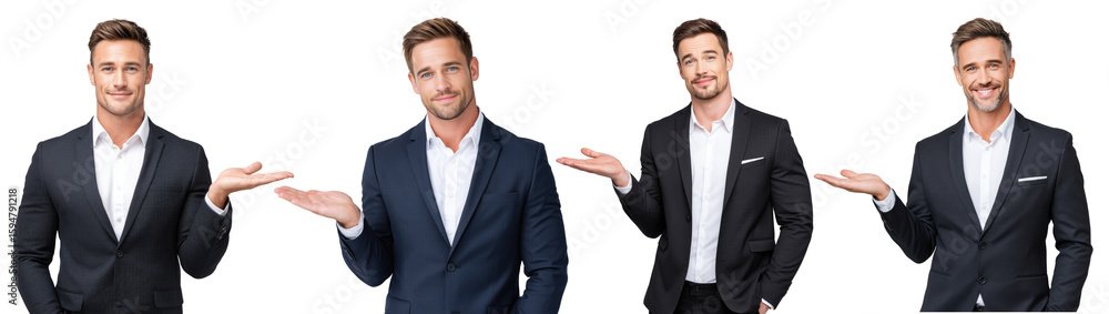 Set of confident businessmen in suits making presenting gesture with open palms isolated on transparent background Set of confident businessmen in suits making presenting gesture with open palms isolated on transparent background