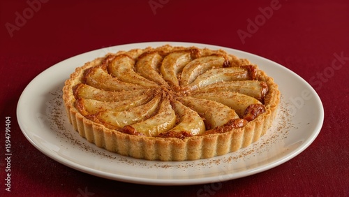 Delicious pear tart with cinnamon on white plate and rich red background