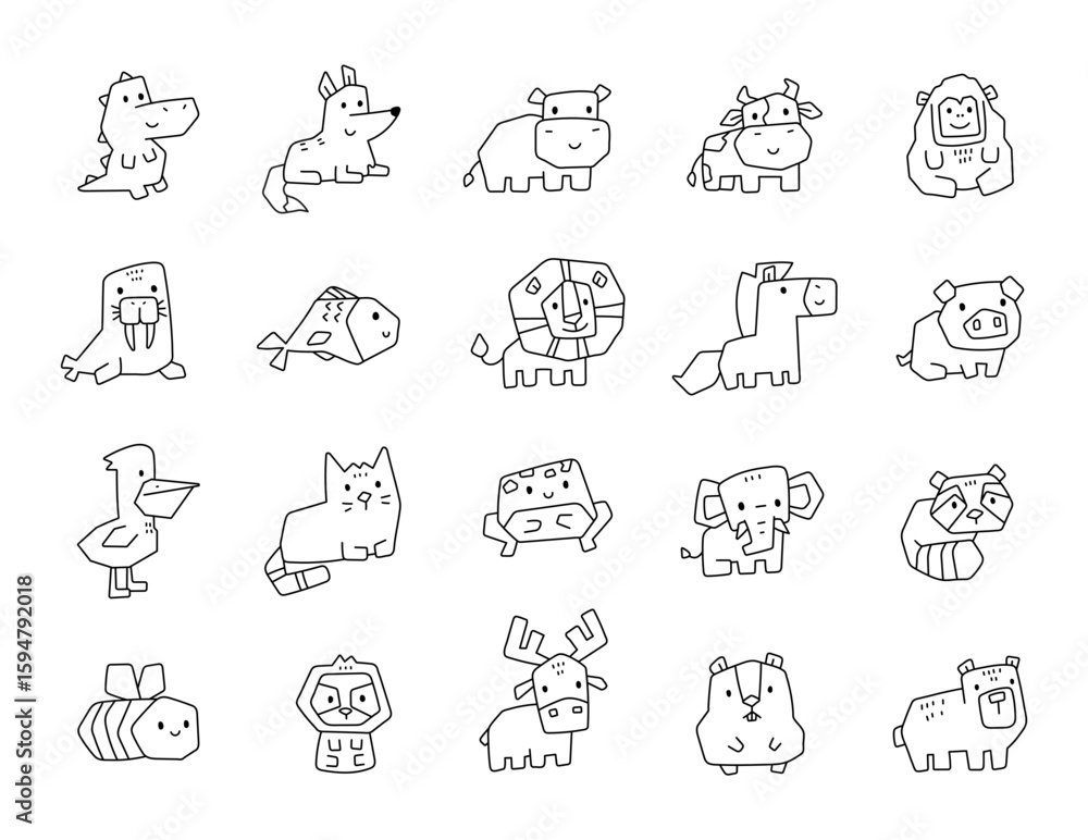 Fototapeta premium Adorable animal character outline line art set featuring wild forest jungle farm marine insect bird and amphibian creatures in charming cartoon designs projects