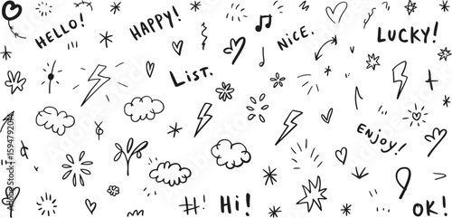 Doodle Set with Hand Drawn Elements, Hello, Happy, Lucky, Enjoy, and Isolated on White