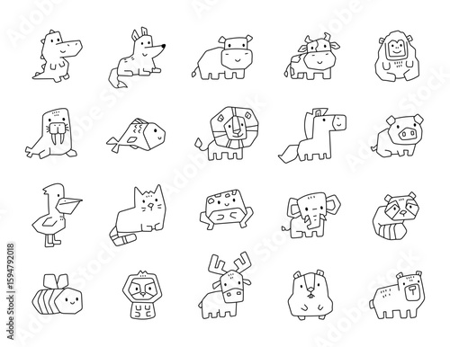 Adorable animal character outline line art set featuring wild forest jungle farm marine insect bird and amphibian creatures in charming cartoon designs projects