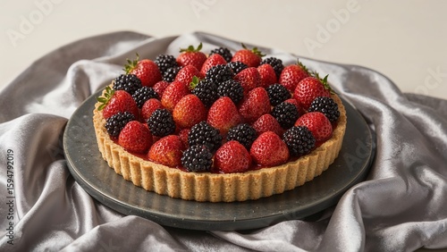 Fresh berry tart on elegant satin background: a tempting display of strawberries and blackberries