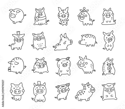 Charming cartoon pig set created for and outline line art with cute animal friendly character for yours illustration and creative designs projects