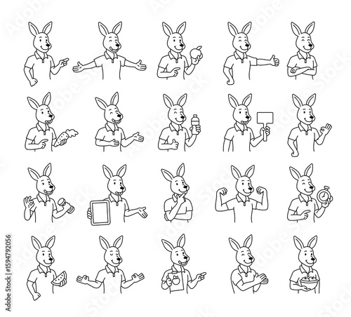 Kangaroo guide fitness instructor character set showing healthy lifestyle with fruit, water, sport equipment, motivational signs and positive hand gestures for yours designs projects