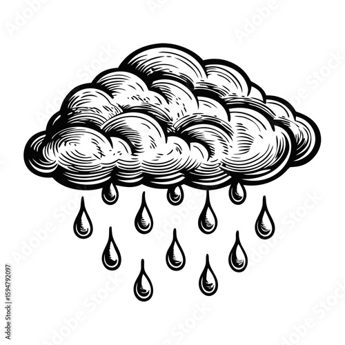 Cloud with hanging raindrops in vintage engraving style, featuring detailed hatching and a simple black-and-white aesthetic. 