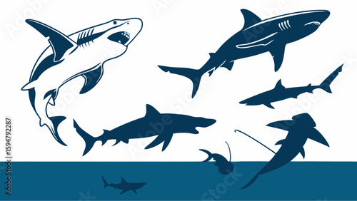 Vector illustration of various sharks in blue and white. Dynamic marine life set with great white, hammerhead, and fishing scene. Ocean predators.