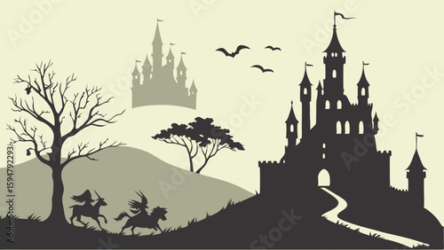 Dark fantasy castle silhouette with medieval knights on horseback, a fairytale landscape featuring hills, trees, and birds, an epic adventure vector art scene.