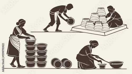 Traditional Pottery Making Process Silhouettes Ancient Artisans Crafting Preparing and Stacking Ceramic Vessels Monochrome Historical Art