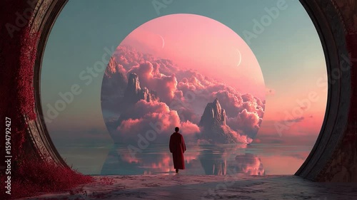 Explore a surreal landscape with a figure gazing at a giant glowing moon and vibrant clouds at sunset