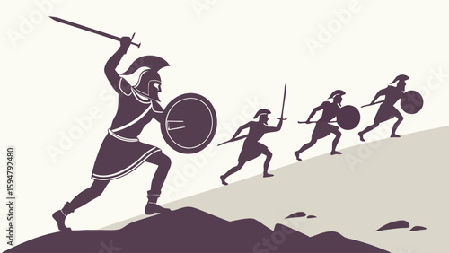 Ancient Greek Spartan warriors charging uphill in determined battle. Leader with sword and shield, followed by soldiers. Flat graphic illustration.