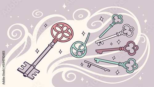 Ornate pastel keys illustration floating in magical lavender swirls with sparkling stars, a whimsical fantasy art of decorative antique skeleton keys.